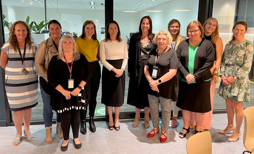 Pictured L to R: Legal Assistant Robby Cooper; Administrative Services Manager Jodie Cheeseman; Information and Referral Officer Maxine Hogan; Managing Lawyer, Ballarat, Madeline Ryan; Victorian Attorney-General Jaclyn Symes; Deputy Managing Lawyer Sarah Wood; Independent Family Advocacy and Support Advocate Sharon Fecteau; Help Before Court Legal Assistant Freyja McVeigh; Chief Counsel Julia Munster; Senior Lawyer Drug Court Melbourne Kirsten Matthews; Managing Lawyer, Therapeutic Courts, Elanor Peattie.