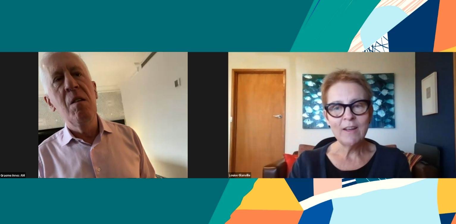 Zoom event with speakers Graeme Innes AM and Louise Glanville.