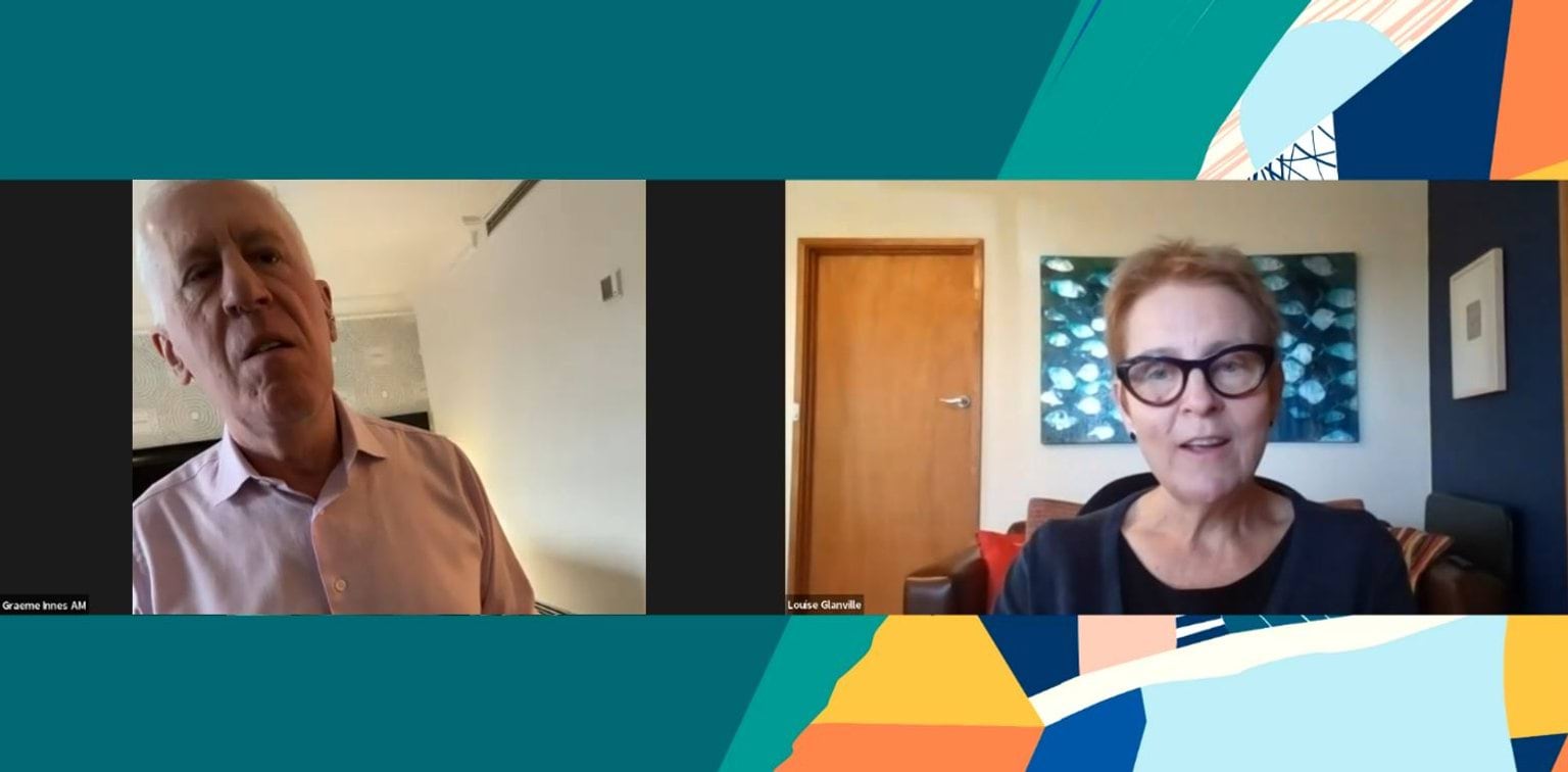 Zoom event with speakers Graeme Innes AM and Louise Glanville.
