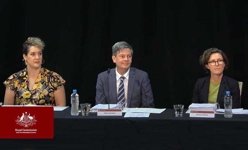 Rowan McRae, Miles Browne and Deanna Amato at the Robodebt royal commission