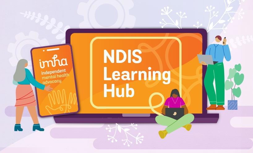 NDIS Learning Hub graphic with people accessing via phone and devices