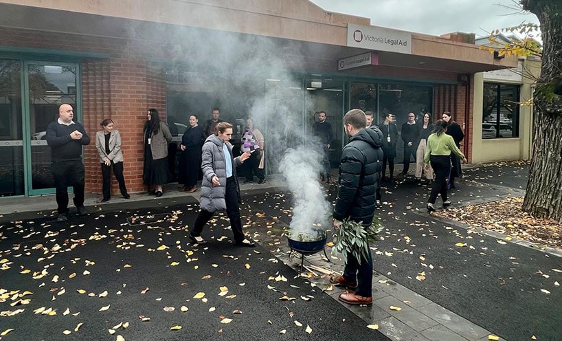 A smoking ceremony being performed outside the VLA office in Bendigo