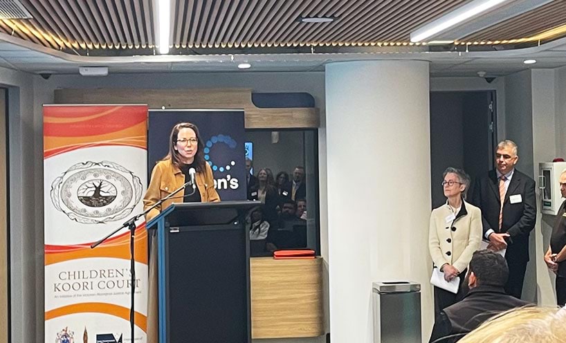 Attorney-General the Hon. Jacklyn Symes MLC speaking at the opening of the new Dandenong Children's Court.