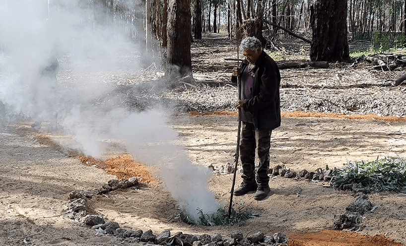 Representative of Kulpa Mardita delivering a smoking ceremony during training at Nguukarrima Kulyparrana Culpra Station on Barkindji Country.
