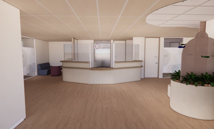 An artist's render of the reception area of the new Sunshine office showing a modern and sleek design.
