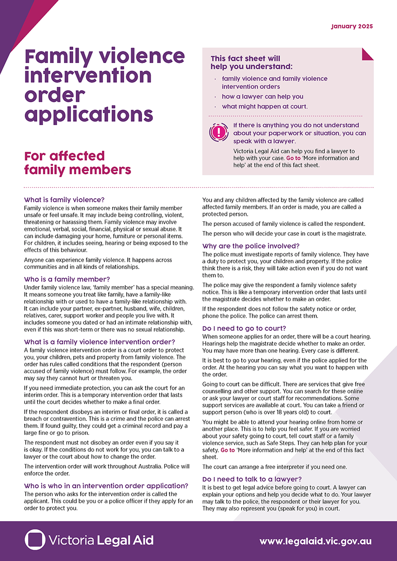 Family violence intervention order applications – for affected family members ""