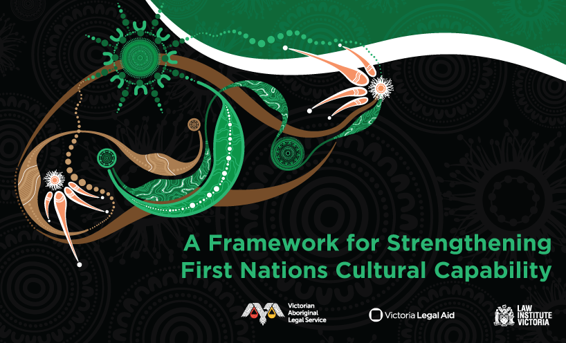First Nations artwork accompanying logos for the Victorian Aboriginal Legal Service, Victoria Legal Aid and the Law Institute of Victoria
