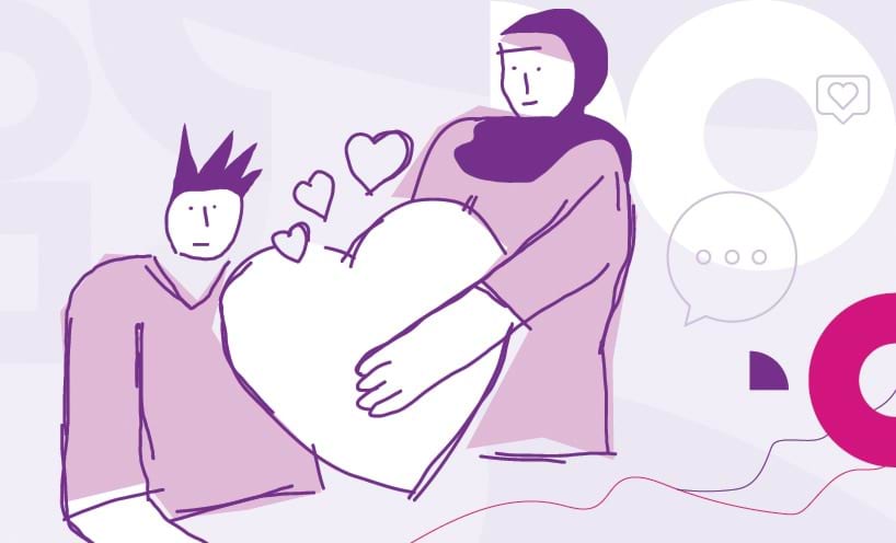 Illustration of a person being handed an oversized heart by another person. 