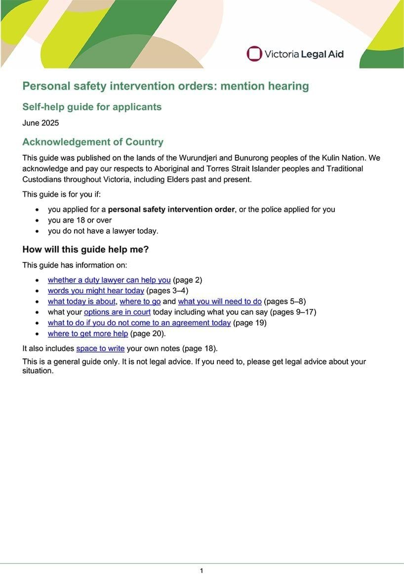 Personal safety intervention order mention hearings self-help guide for applicants Personal safety intervention order mention hearings self-help guide for applicants