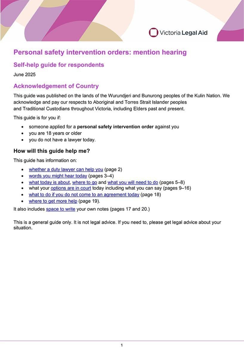 Personal safety intervention order mention hearings self-help guide for respondents Personal safety intervention order mention hearings self-help guide for respondents