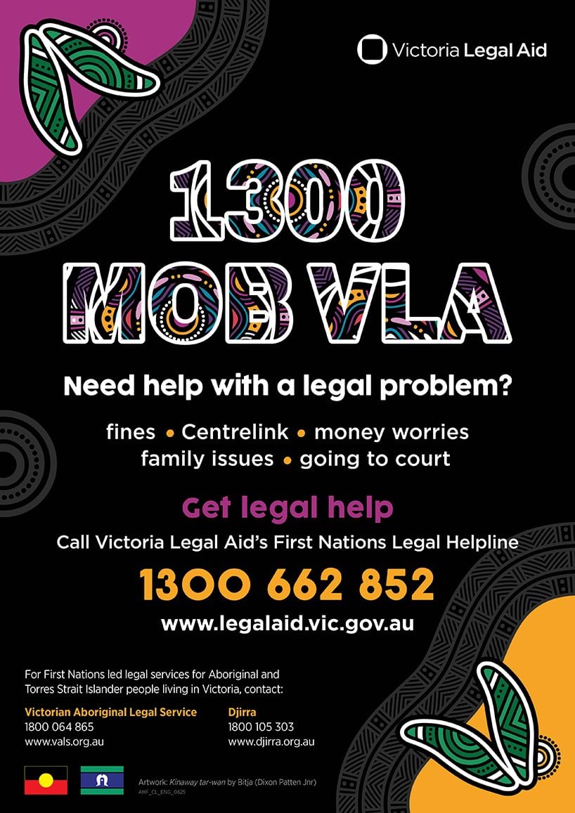 thumbnail image of 1300 MOB VLA poster promoting our legal help line for First Nations people