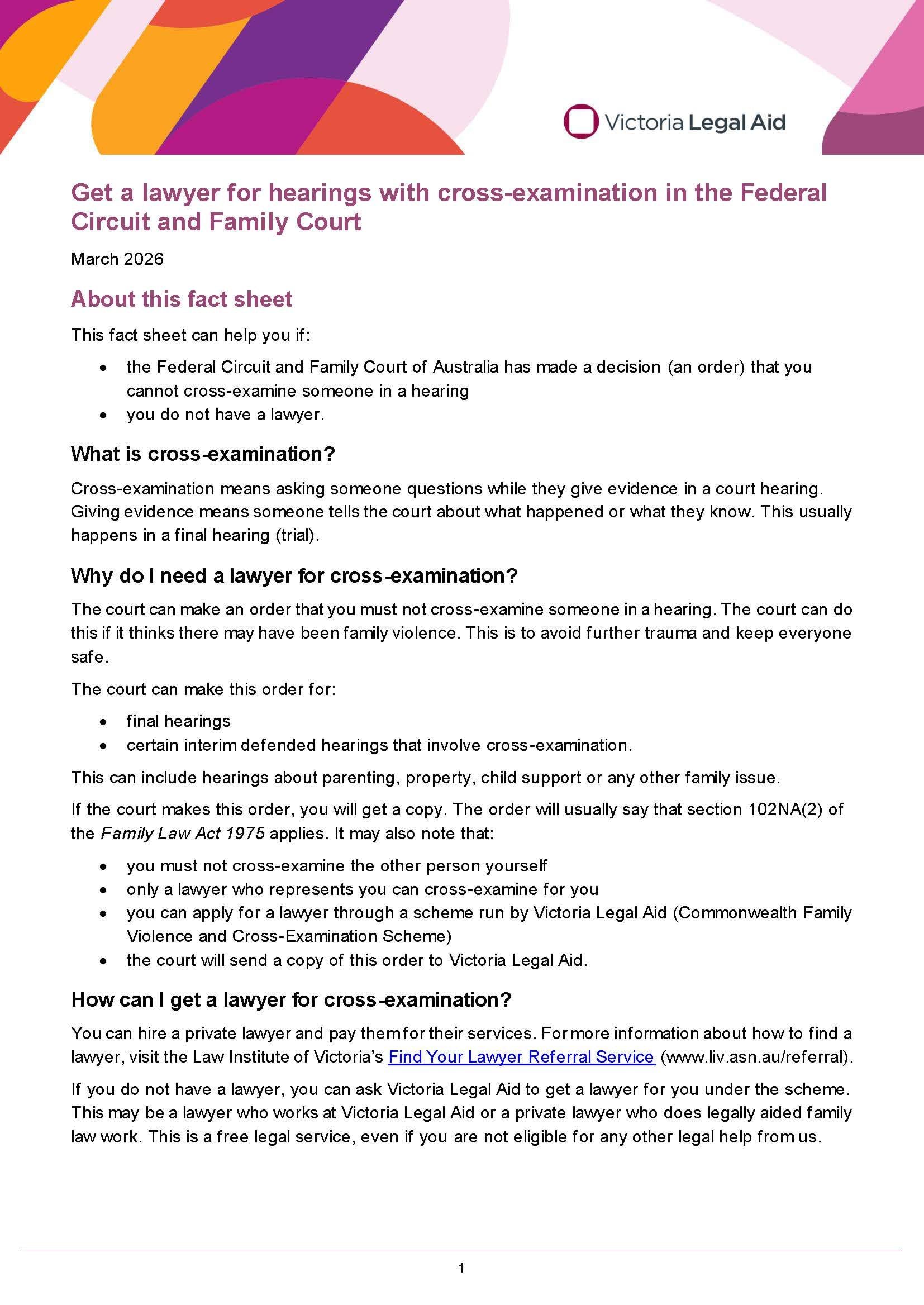 Fact sheet from Victoria Legal Aid titled ‘Get a lawyer for hearings with cross-examination in the Federal Circuit and Family Court’