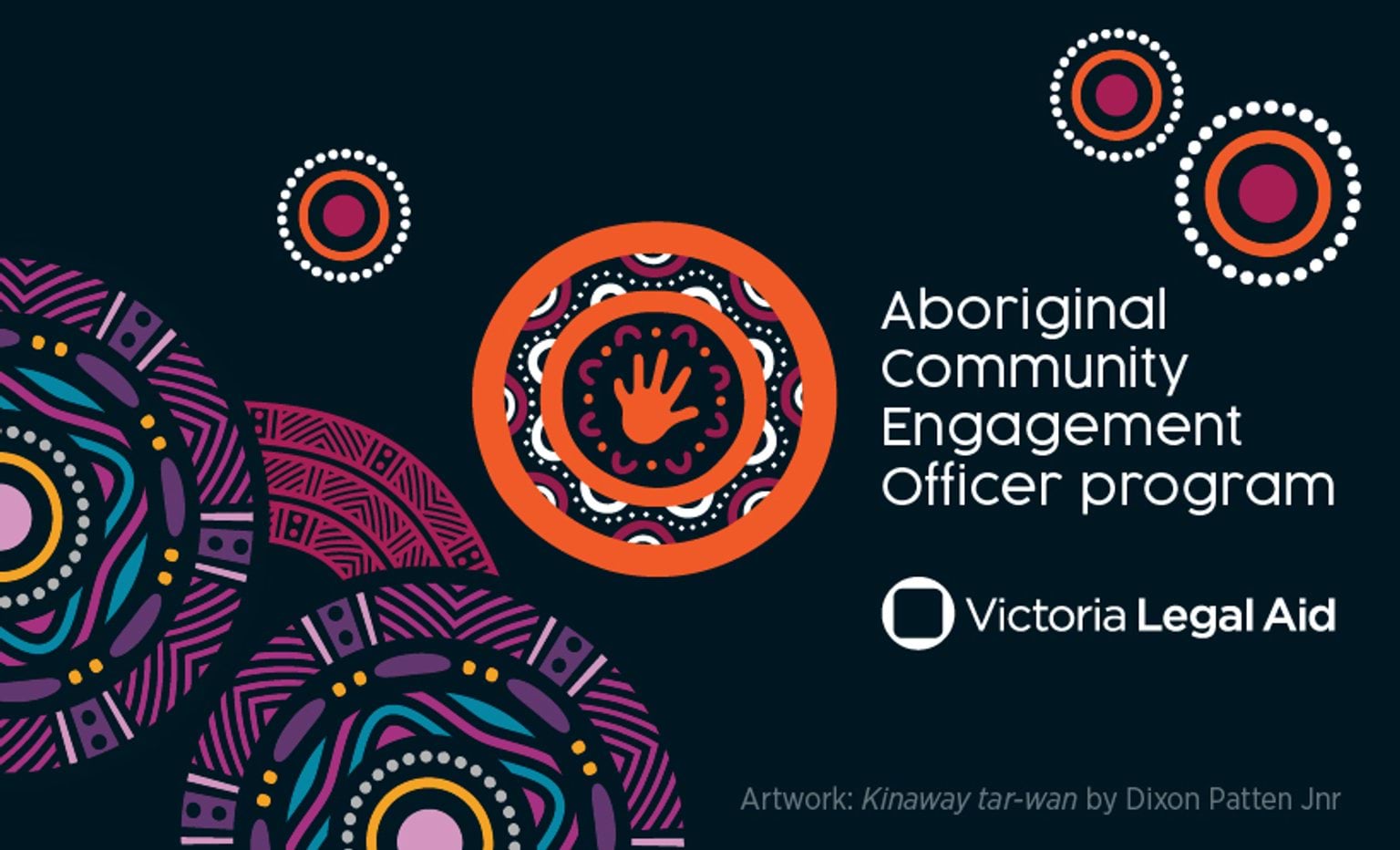 Graphic image with stylised First Nations artwork and title 'Aboriginal Community Engagement Officer program', Victoria Legal Aid logo. Artwork called 'Kinaway tar-wan', designed by Dixon Patten Jnr