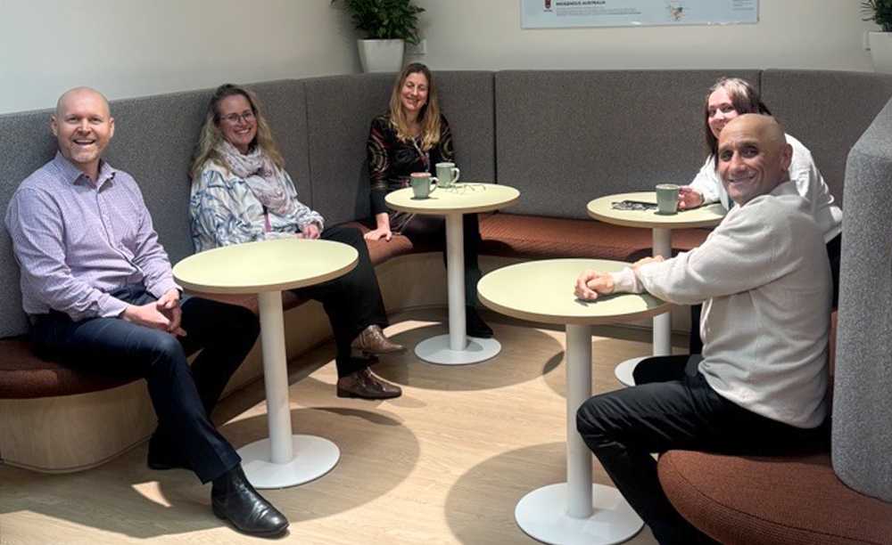 Our staff in the refurbished Morwell office. L–R: Executive Director of Regions and Service Delivery Peter Noble; Regional Manager Julie Riva; Regional Manager Tara Bressan; Aboriginal Community Engagement Officer Lorena Burney; Aboriginal Community Engagement Daniel Wilson.