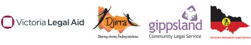 Logos of Victoria Legal Aid, Djirra, Gippsland Community Legal Service and the Victorian Aboriginal Legal Service
